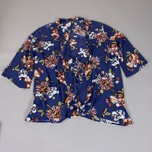 Pink Clover Cardigan Kimono Top Women's Size XL Blue Floral Open Front Rayon‎